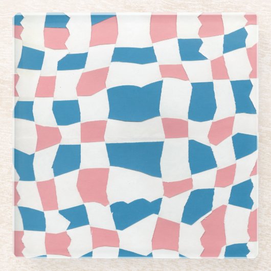 Retro Mod Roze Blauw Checkerboard Abstract Glazen Onderzetter (Voorkant)