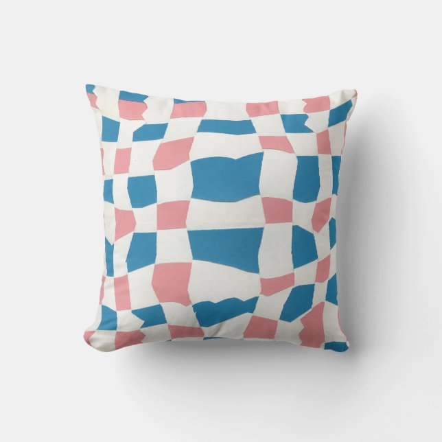 Retro Mod Roze Blauw Checkerboard Abstract Kussen (Voorkant)