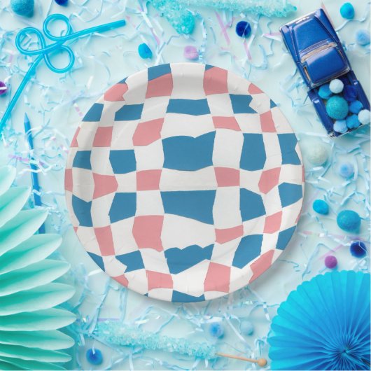 Retro Mod Roze Blauw Checkerboard Abstract Papieren Bordje (Feest)