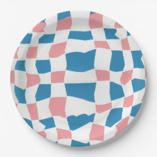 Retro Mod Roze Blauw Checkerboard Abstract Papieren Bordje