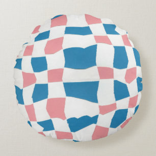 Retro Mod Roze Blauw Checkerboard Abstract Rond Kussen
