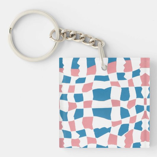 Retro Mod Roze Blauw Checkerboard Abstract Sleutelhanger (voorkant)