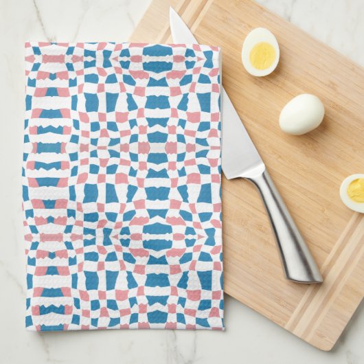 Retro Mod Roze Blauw Checkerboard Abstract Theedoek (Quarter Fold)