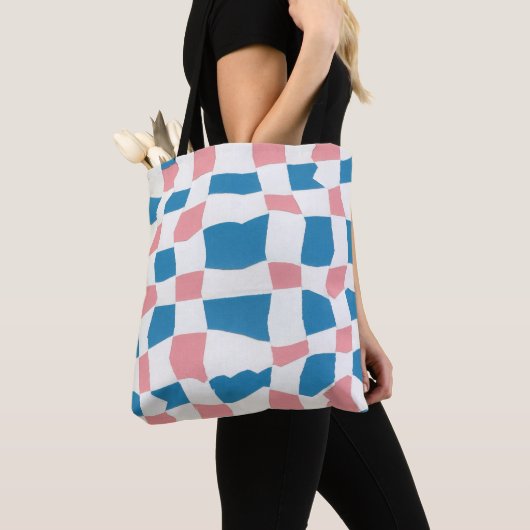 Retro Mod Roze Blauw Checkerboard Abstract Tote Bag (Dichtbij)