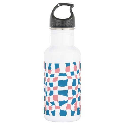 Retro Mod Roze Blauw Checkerboard Abstract Waterfles (Voorkant)