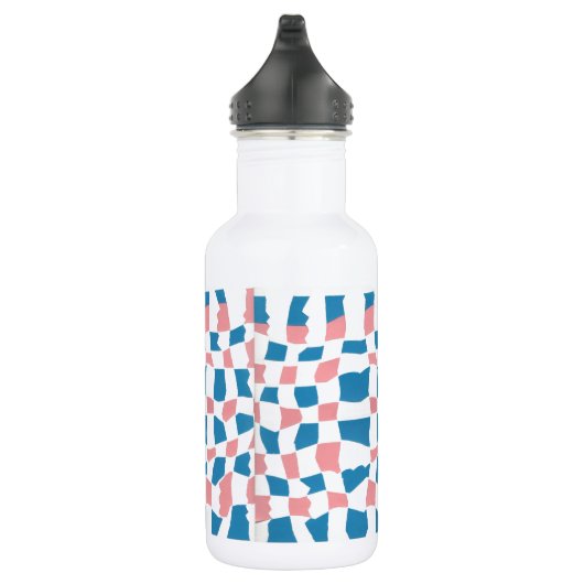 Retro Mod Roze Blauw Checkerboard Abstract Waterfles (Rechts)