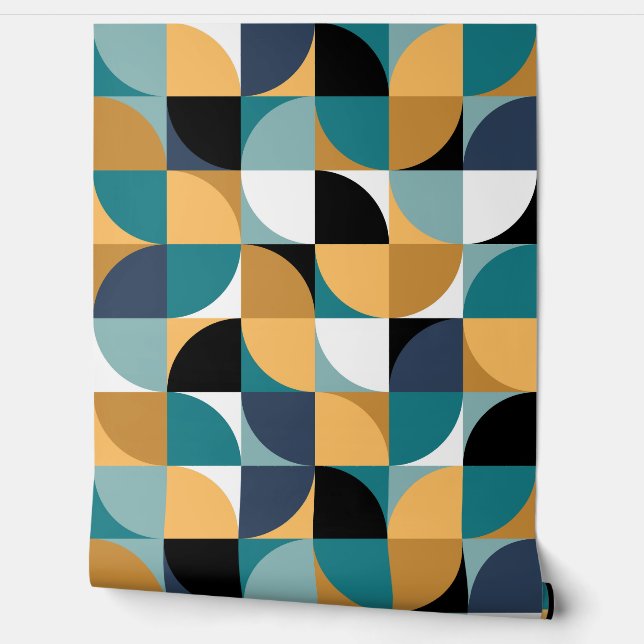 Retro Mod Squares Mosterd Blauwgroen Aqua Blue Zwa Behang (Afrollen)
