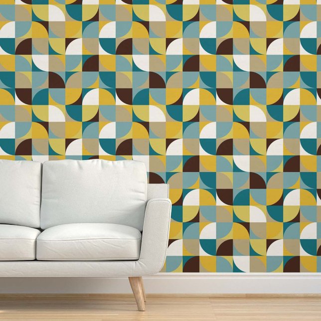 Retro Mod Squares Teal Blue Brown Mustard Yellow Behang (Creator heeft geüpload)