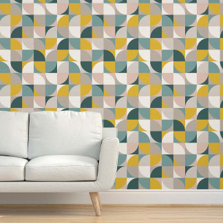 Retro Mod Vierkant Aqua Turquoise Roze Geel Behang