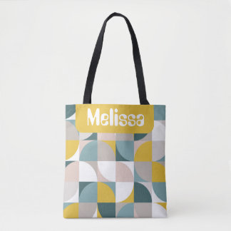 Retro Mod Vierkanten Roze Blauw Naam Gepersonalise Tote Bag