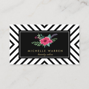 Retro Mod Zwart en Wit Patroon Roze Bloemen Visitekaartje