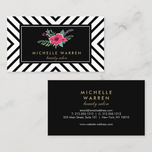 Retro Mod Zwart en Wit Patroon Roze Bloemen Visitekaartje (Voorkant / Achterkant)