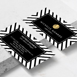 Retro Mod Zwart-wit Patroon Goud Monogram II Visitekaartje