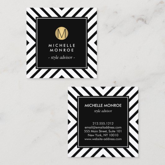Retro Mod zwart/wit patroon gouden cirkel monogram Vierkante Visitekaartje (Voorkant / Achterkant)