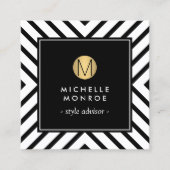 Retro Mod zwart/wit patroon gouden cirkel monogram Vierkante Visitekaartje (Voorkant)