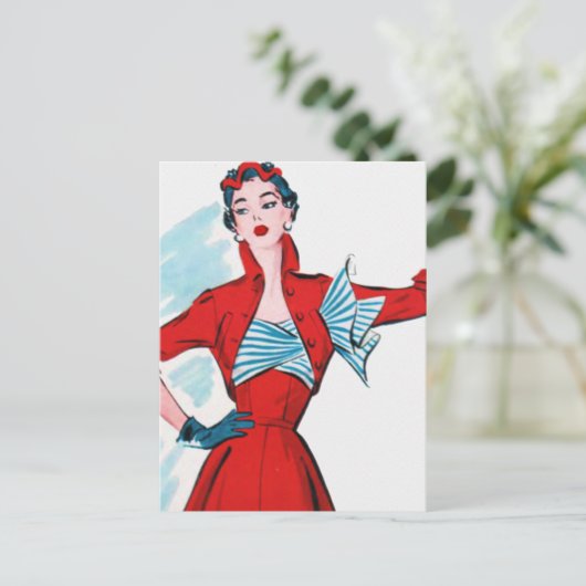 Retro Mode Lady in Red Briefkaart (Staand voorkant)
