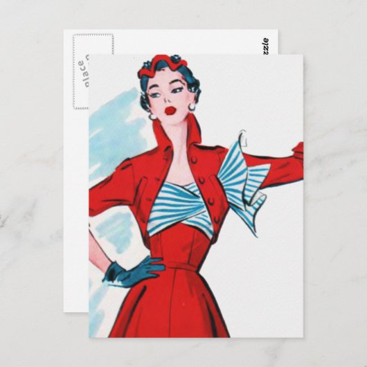 Retro Mode Lady in Red Briefkaart (Voorkant / Achterkant)