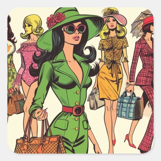 Retro Mode Meisjes Comics Vierkante Sticker (Voorkant)