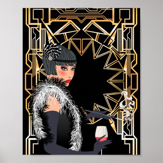 Retro mode vrouw met glas wijn poster (Voorkant)