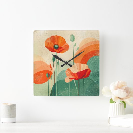 Retro Modern Abstract Poppy Floral Art Vierkante Klok (Huis)