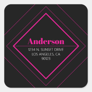 Retro-modern art deco Roze & zwart adres Vierkante Sticker