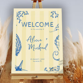 Retro modern beach striped wedding welcome sign poster