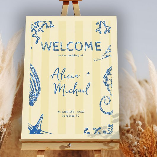 Retro modern beach striped wedding welcome sign poster