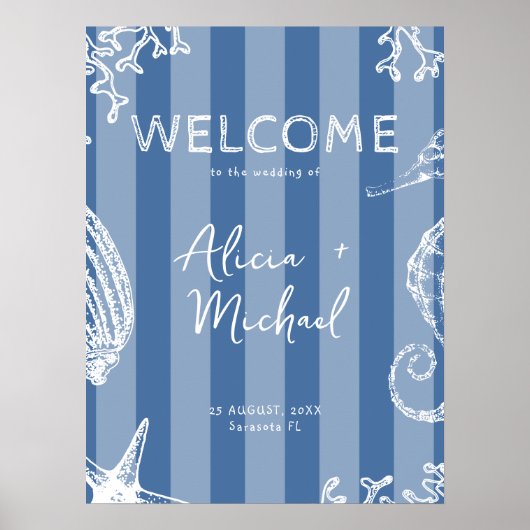 Retro modern beach striped wedding welcome sign poster (Voorkant)