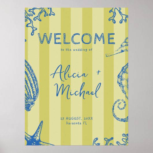 Retro modern beach striped wedding welcome sign poster (Voorkant)