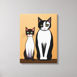 Retro Modern Black and White Cat and Kitten Canvas Afdruk