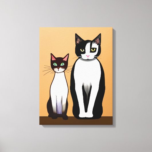 Retro Modern Black and White Cat and Kitten Canvas Afdruk (Voorkant)