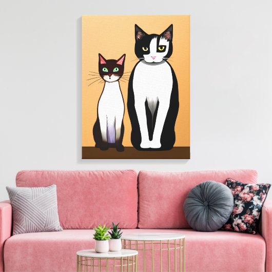 Retro Modern Black and White Cat and Kitten Canvas Afdruk (Insitu (Woonkamer))