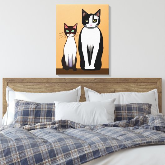 Retro Modern Black and White Cat and Kitten Canvas Afdruk (Insitu (Slaapkamer))