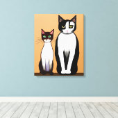 Retro Modern Black and White Cat and Kitten Canvas Afdruk (Insitu (Houten vloer))