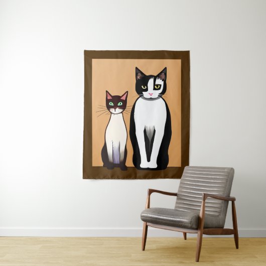 Retro Modern Black and White Cat and Kitten Wandkleed (In situ)