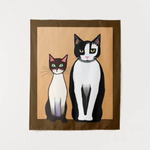 Retro Modern Black and White Cat and Kitten Wandkleed