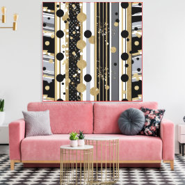 Retro-modern, Black, Grey and Gold Polka Dots Canvas Afdruk