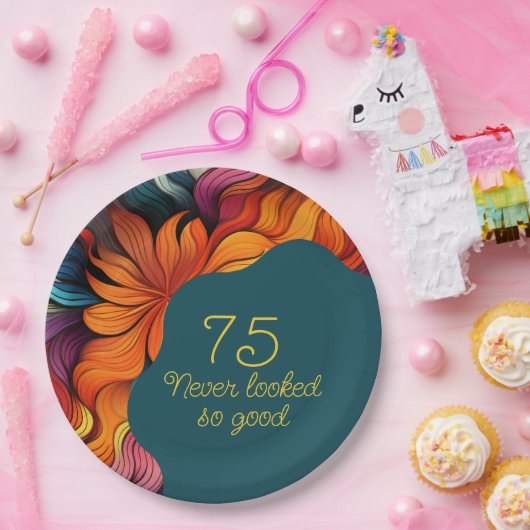Retro Modern Blauwgroen Sinaasappel 75e verjaardag Papieren Bordje (Feest)