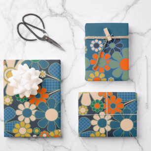 Retro Modern Bloemenpatronen Blauw Inpakpapier Vel