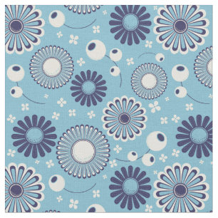 Retro Modern Blue en Cream Flowers gepatenteerd Stof