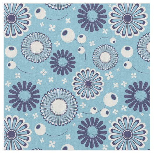 Retro Modern Blue en Cream Flowers pattered Stof (Close Up)