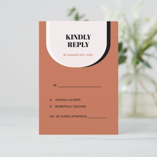 Retro Modern Blush Terracotta Zwart-Wit RSVP Kaartje (Staand voorkant)