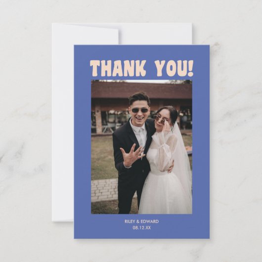 Retro Modern Bold Typography Blue Wedding Photo Bedankkaart (Voorkant)