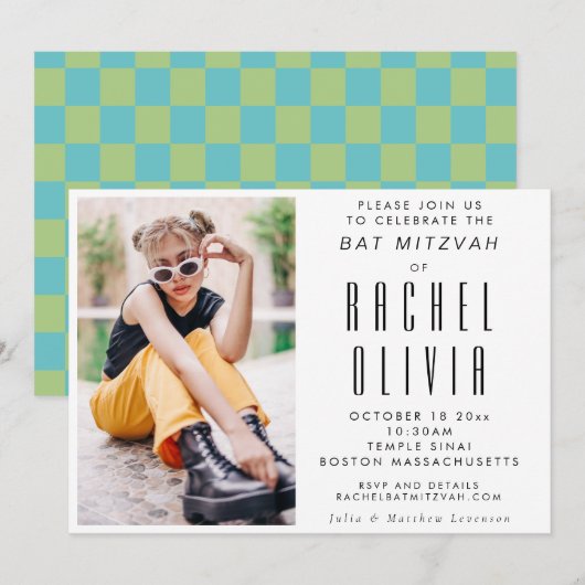 Retro Modern Chic Photo Blue en Green Bat Mitzvah Kaart (Voorkant / Achterkant)