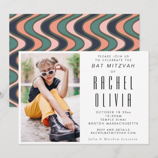 Retro Modern Chic Photo Wavy Lines Bat Mitzvah Kaart (Voorkant / Achterkant)