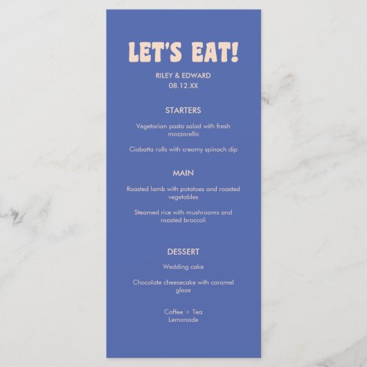 Retro Modern Dark Blue Beige "Let's Eat!" Wedding Menu (Voorkant)