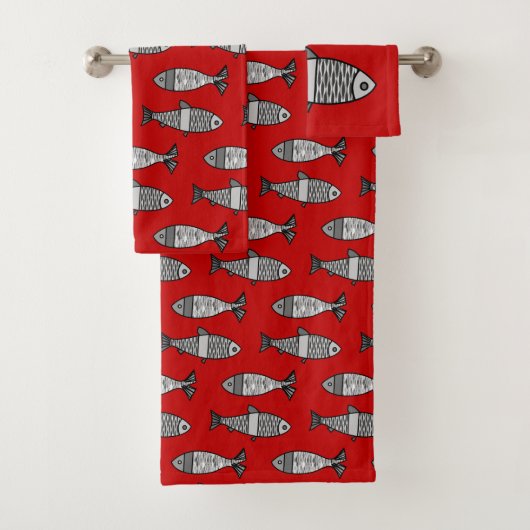 Retro Modern Fish, Deep Red en Grey / Grey Bad Handdoek (Insitu)