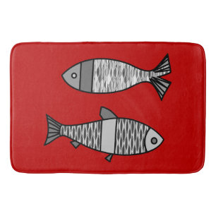 Retro Modern Fish, Deep Red en Grey / Grey Badmat