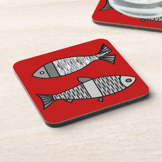 Retro Modern Fish, Deep Red en Grey / Grey Bier Onderzetter (Linkerzijde)