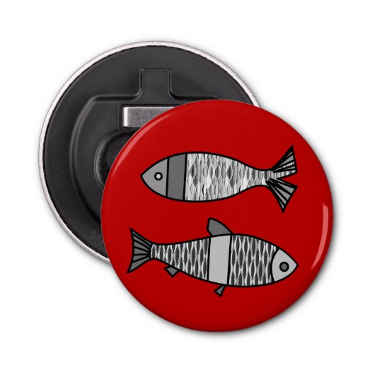 Retro Modern Fish, Deep Red en Grey / Grey Button Flesopener (Voorkant)